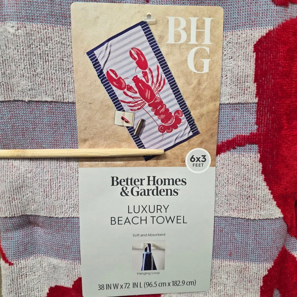 Better Homes & Gardens Luxury Beach Towel Red Lobster Blue Striped 38x72 NEW